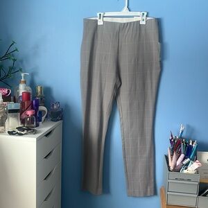 Gray with white striped skinny ankle, high-rise fitted hip and thigh dress pants